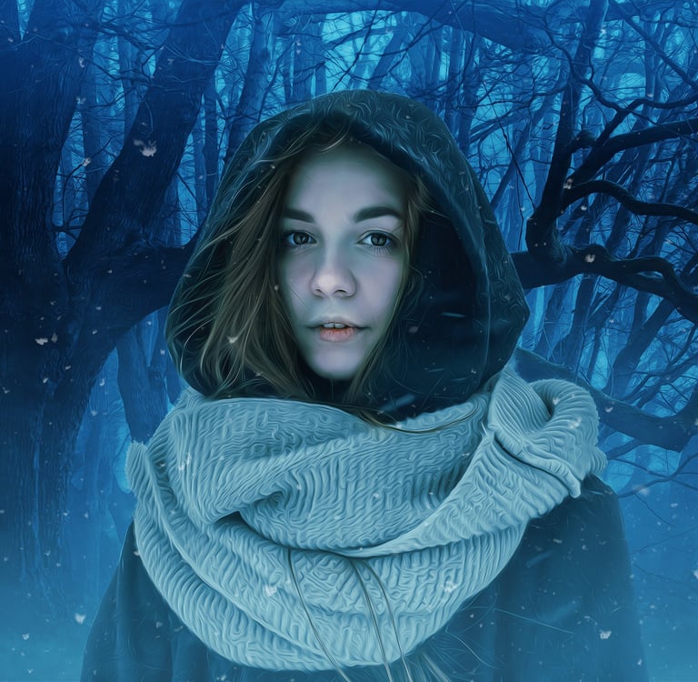 Hooded woman in blue-tinted forest
