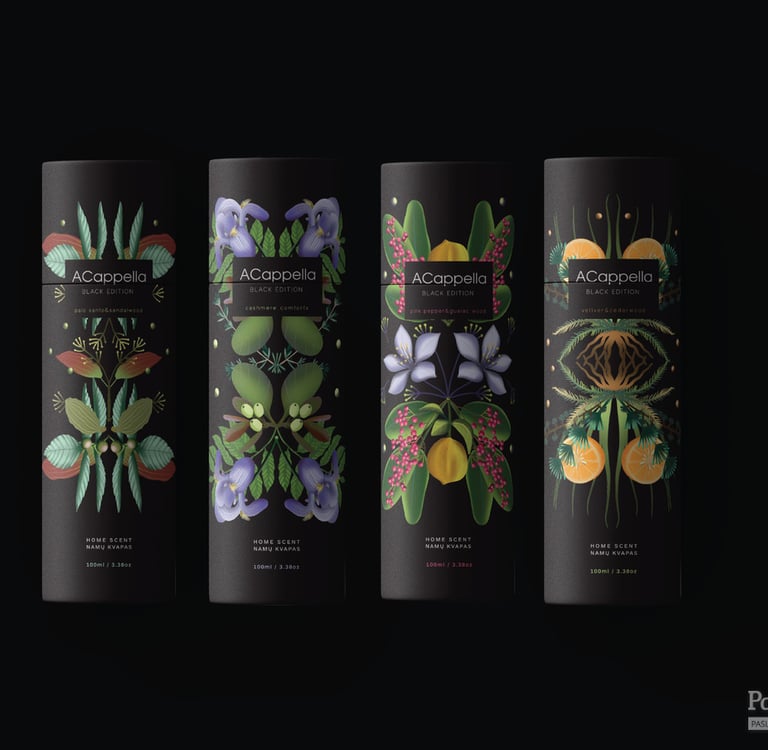 black home scent packaging tubes on a black background. tubes decorated with illustrations of plants