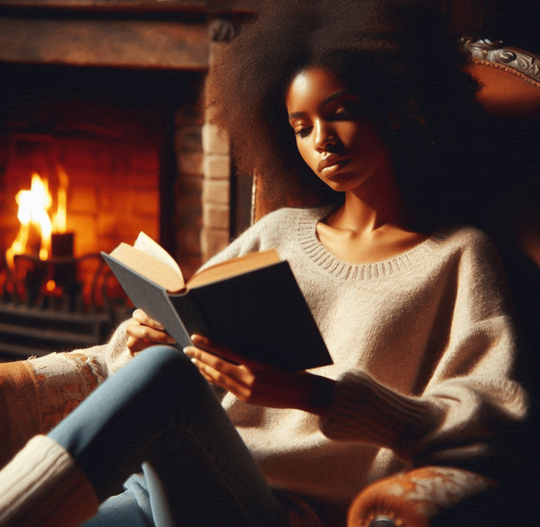 A woman with big hair sitting and reading a book in front of a roaring fire in the fireplace