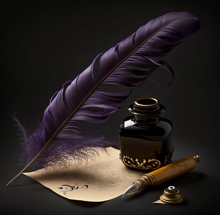 AI generated image of a purple quill, a black ink bottle, and a sheet of parchment with lines of text