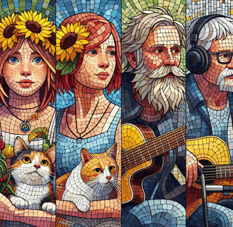 A divided panel of four different people pictured in a colourful mosaic form
