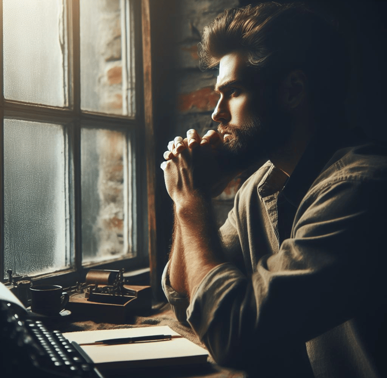 A male 20-something writer sitting at a bench with a pad, pen, & typewriter in front of a rain-streaked window