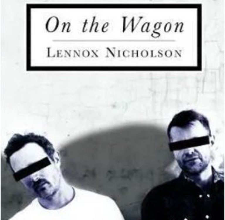 Book cover featuring a black & white image of two men in front of a wall, their faces masked by horizontal black stripes