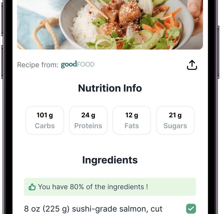 a person holding chopsticks in their hand and a phone phone with a recipe