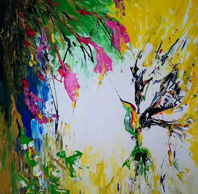 a painting of a hummingbird in a yellow and green background