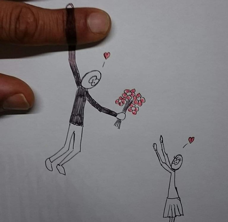 a drawing of a man holding a bouquet of flowers