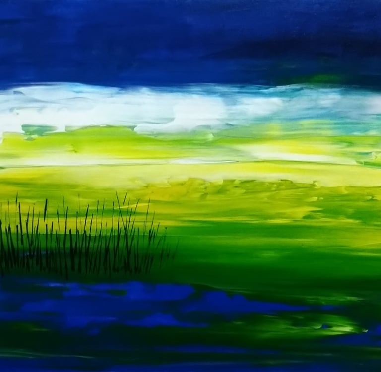 a painting of a landscape with a green field