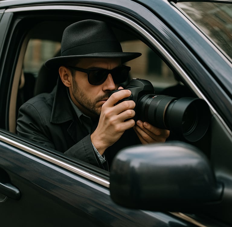 Private investigator in a fedora and sunglasses taking surveillance photos with a DSLR camera from a car.