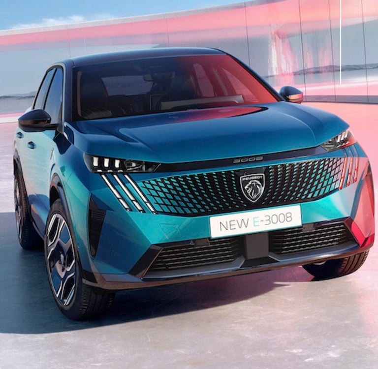 a blue electric peugeot e 3008 car with the words electric