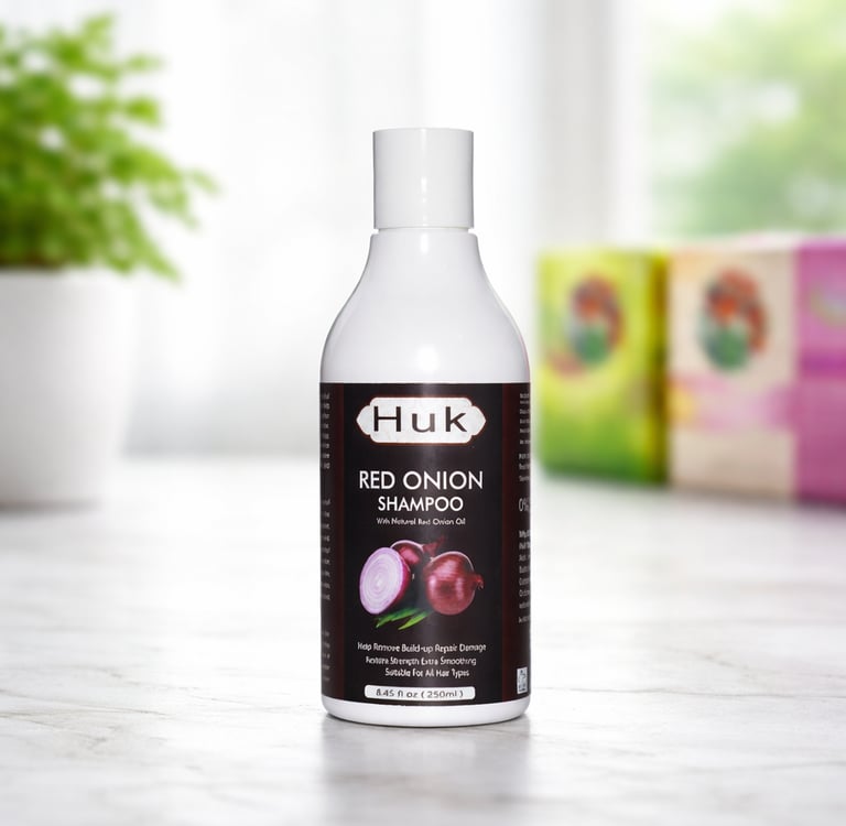 Huk Red Onion Shampoo bottle for hair repair and smoothing on a marble surface.