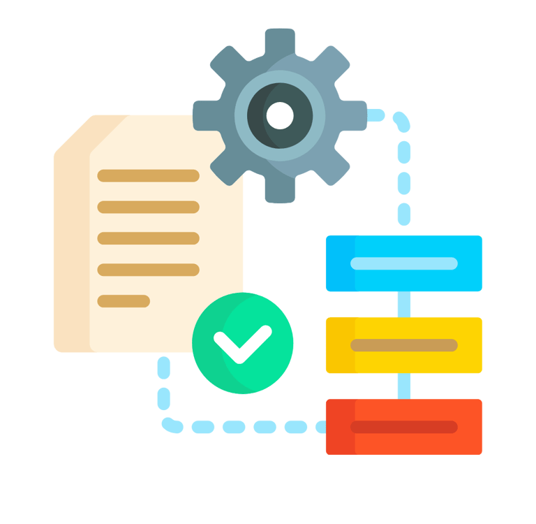Flat icon illustrating automated data processing with AI content workflow gear and database blocks