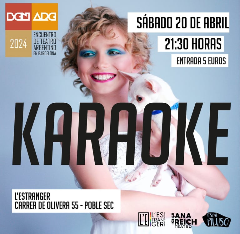 Flyer del karaoke del encuentro de teatro argentino con una chica y un perrito encima