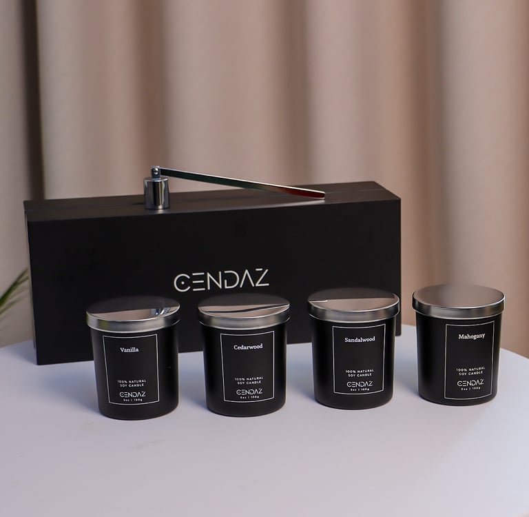 Luxury soy wax candle set with 4 jars and metal snuffer in gift box