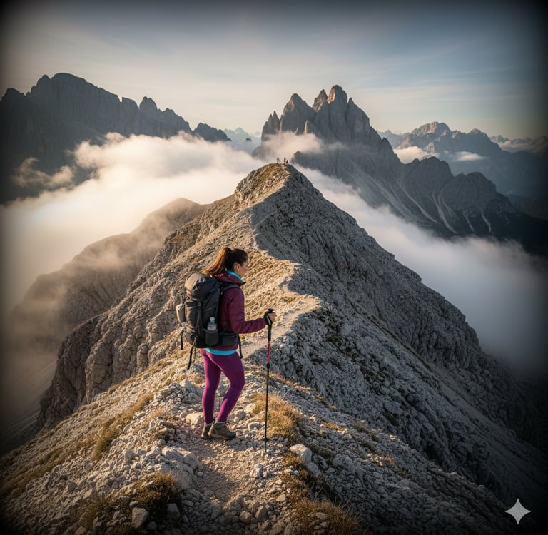 a woman with backpack on a mountain trekking and hiking experience