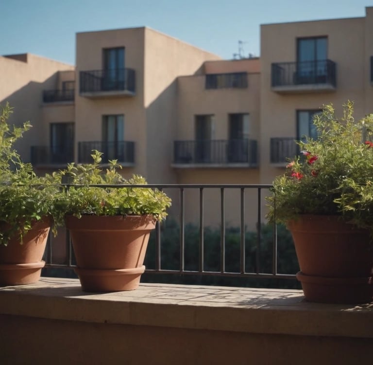 pots en terre cuite garnis de plantes vertes sur le rebord d’un balcon à l'ombre