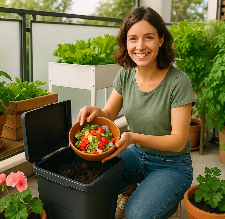 composteur sur un balcon entouré de plantes en pots, illustrant le compostage urbain.