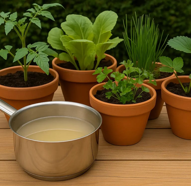 Arrosage de plantes en pot sur un balcon avec de l’eau de cuisson refroidie