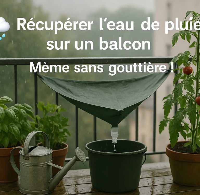 Balcon urbain avec plantes en pots sous la pluie, système de récupération d’eau fait maison