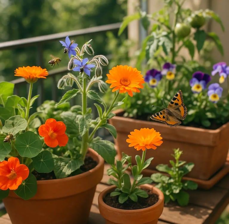 Fleurs comestibles en pots sur un balcon, incluant des soucis, des capucines,