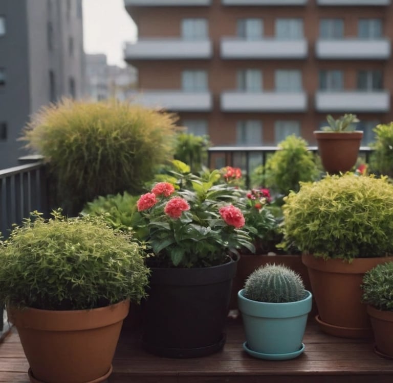 Petit balcon urbain décoré avec de nombreuses plantes en pots, , idéal pour un jardin de balcon