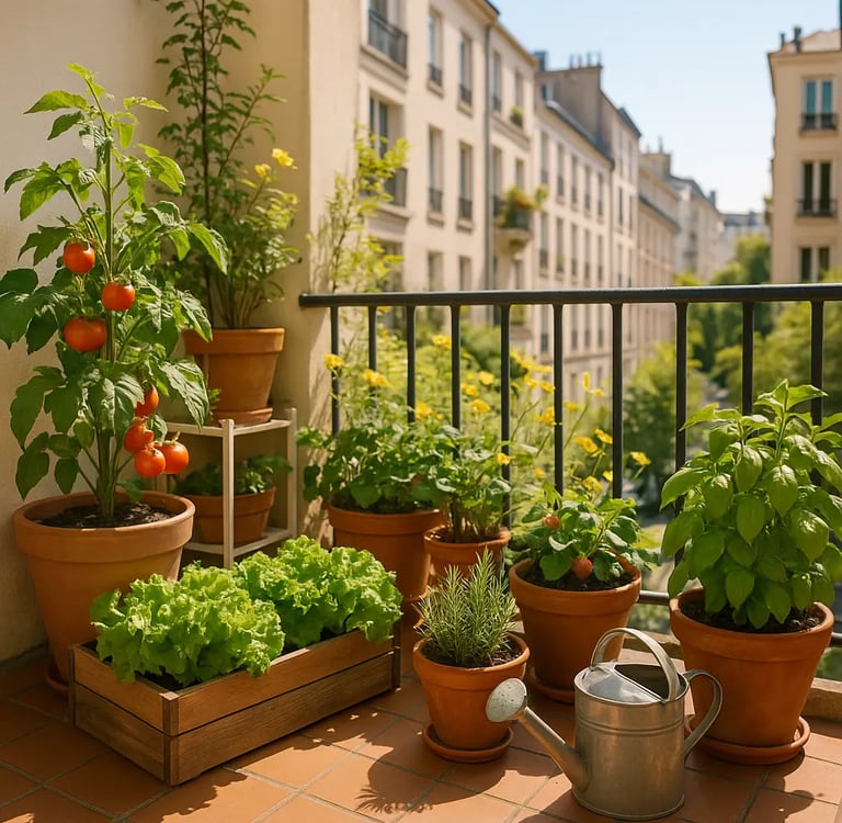 Potager de balcon ensoleillé avec des plants de tomates, de laitue, de basilic, de romarin