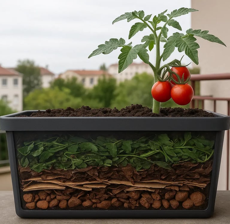 Pot de culture en lasagnes sur un balcon, montrant les différentes couches de matières organiques