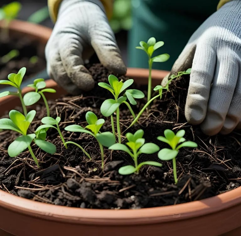 Mains gantées en train d’appliquer du paillage organique autour de jeunes plants dans un pot