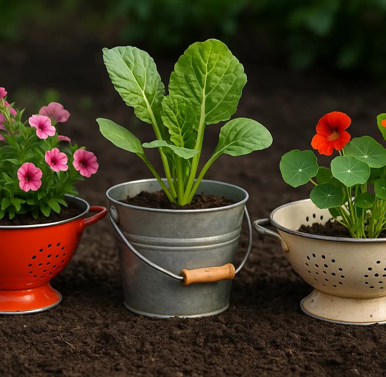 Pot de fleurs DIY fabriqué à partir d’une passoire en métal, contenant des capucines
