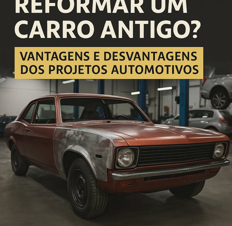 Carro antigo parcialmente restaurado em oficina, com texto sobre vantagens e desvantagens de reforma
