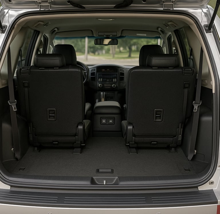 Interior da Mitsubishi Pajero Full visto do porta-malas até o painel frontal com bancos em couro