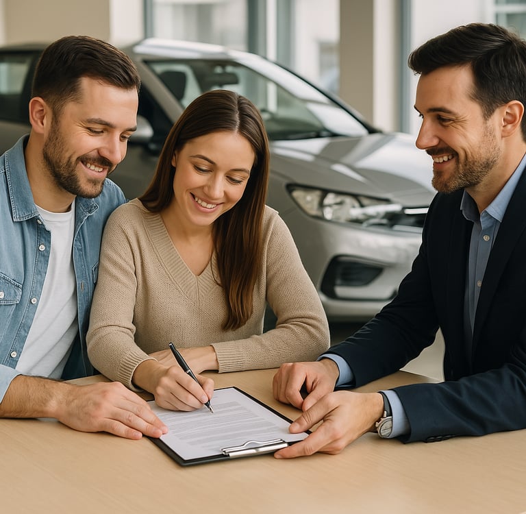 Casal assinando contrato de compra de carro com vendedor em concessionária