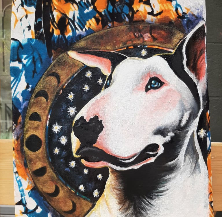 Vibrant portrait of a white dog.