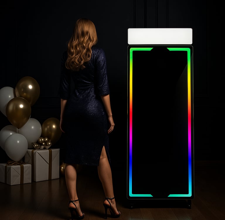 Die Frau steht vor der Spiegel Fotobox neben Geschenken und Lufballons