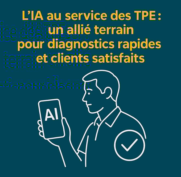 "Artisan tenant un smartphone affichant AI, icône coche, fond bleu."