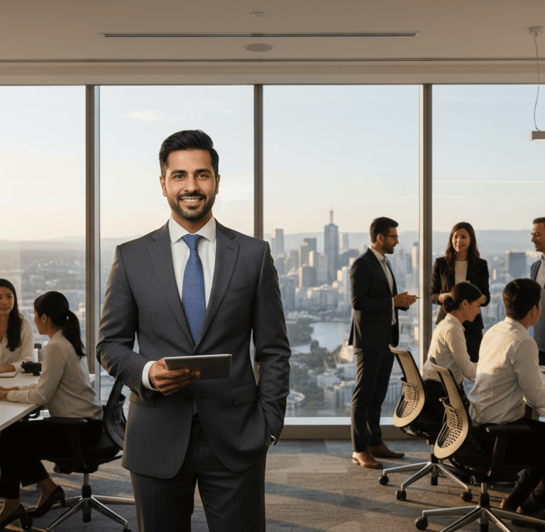 A Pakistani professional in a modern Australian office, showcasing career success