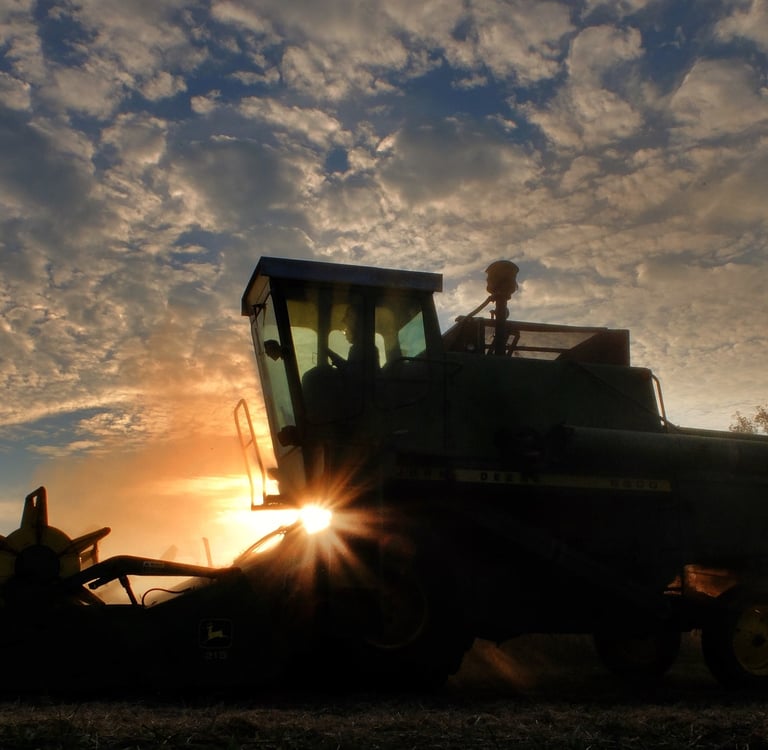a tractor driving through the field with the sun shining