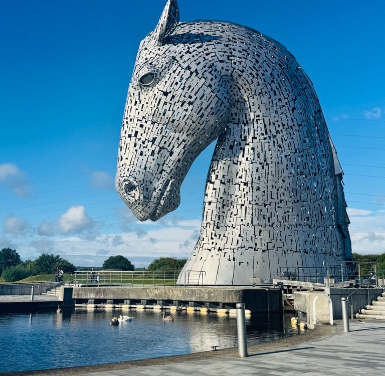 The Kelpies Horse statues. Duke looking down