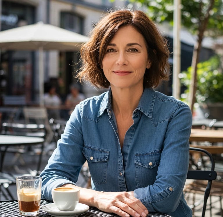 Femme brune assise devant une tasse de café