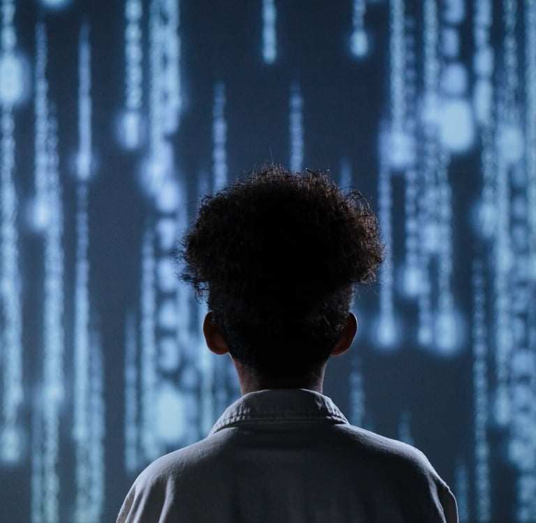 a person standing in front of a large screen with a large screen-ai integrated digital marketing