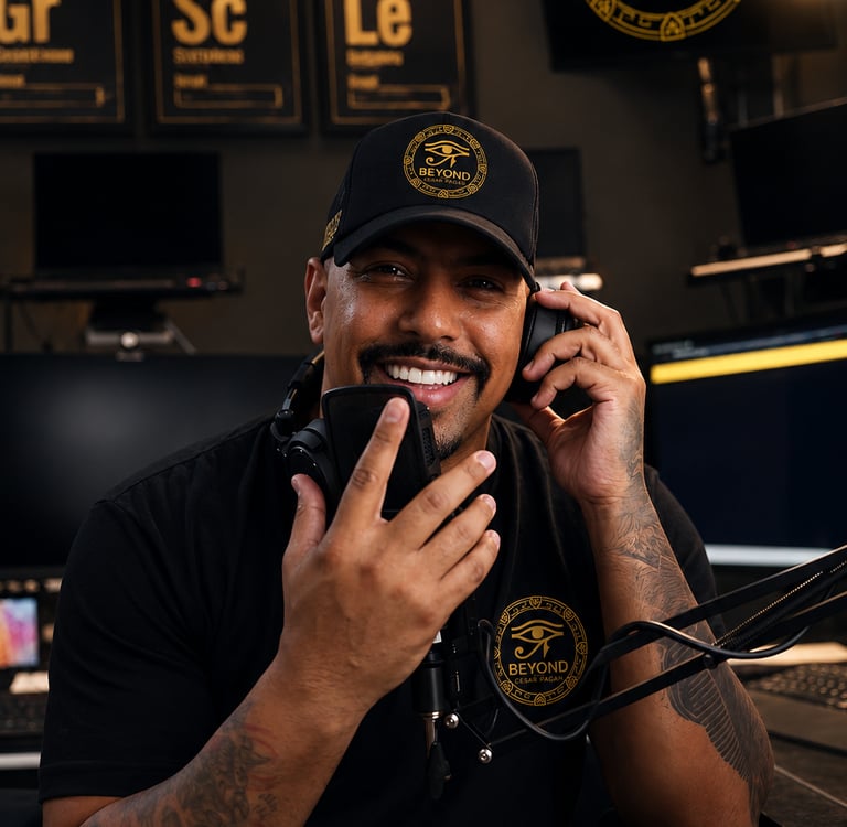 Cesar Pagan with mic and headphones, ready to explore a new episode
