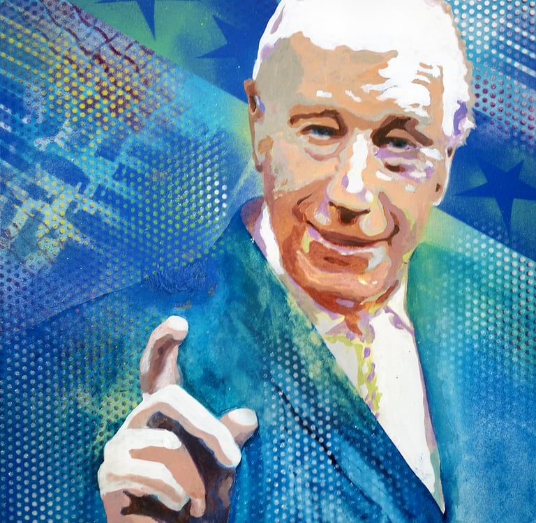 Urban style portrait of a silver-haired man in a suit combined with a blue-green spherical color.