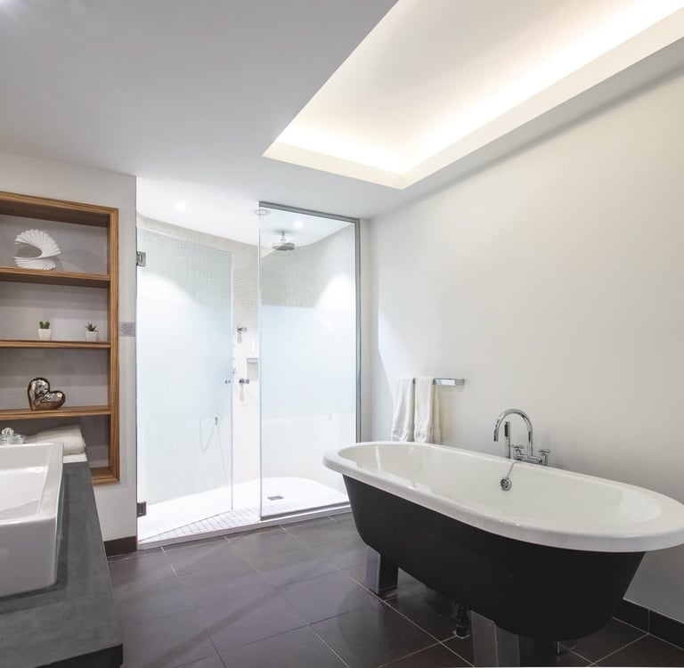 a bathroom with a bathtub and a shower