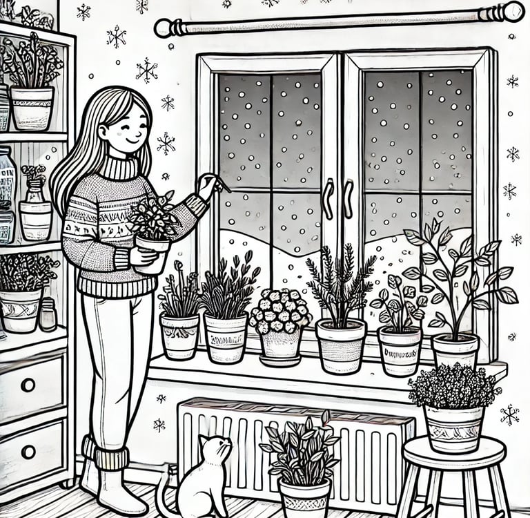 a woman in the winter with her herb garden