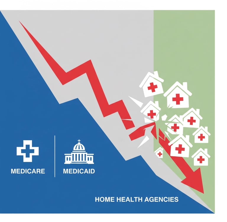 Graph showing declining Medicare and Medicaid reimbursement rates with downward trending arrows and
