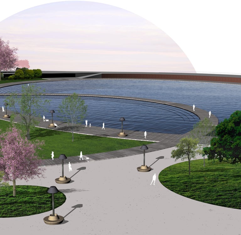 a large park rendering with a pond and trees