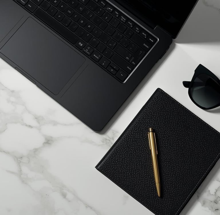 a laptop computer and a notebook with a pen and glasses