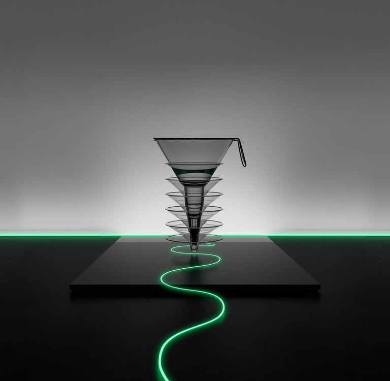 Editorial image using a funnel metaphor to represent an evergreen sales funnel system.