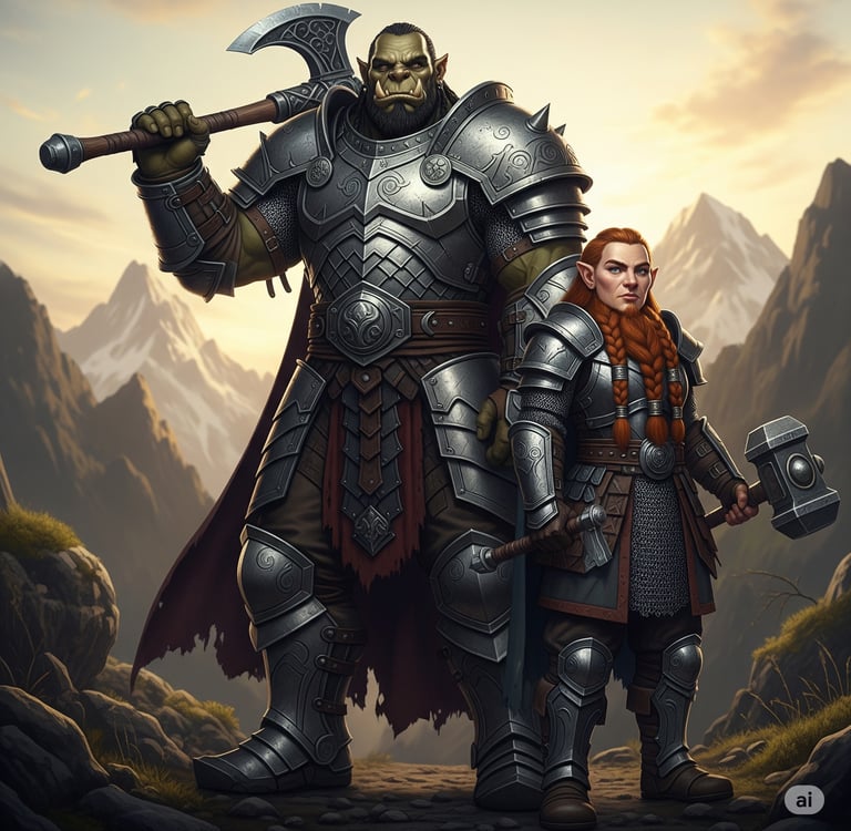 Commanders Vargash and Elira Stoneforge stand side-by-side on a mountain path.