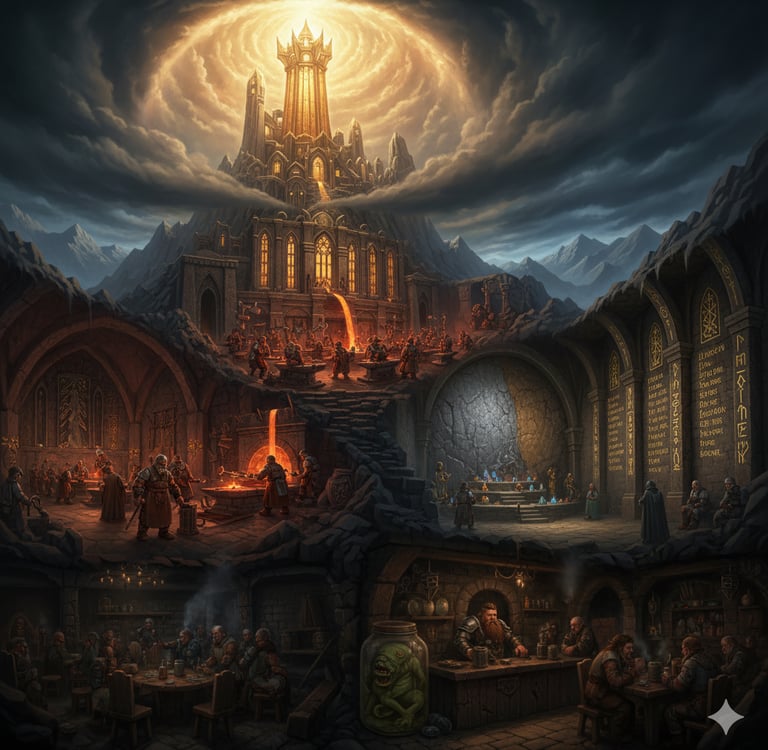 A cutaway illustration of the dwarven city, Hammerdeep, showing its many levels. At the top, the Sun