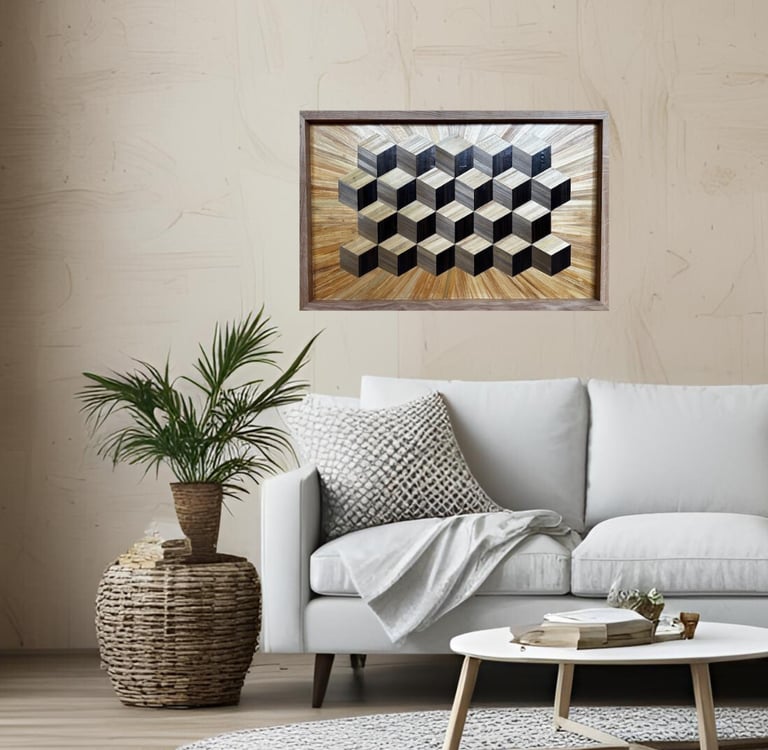 tableau en marqueterie de paille cubes d'oeben